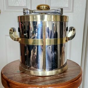 Vintage Gold and Silver Ice Bucket with Tongs